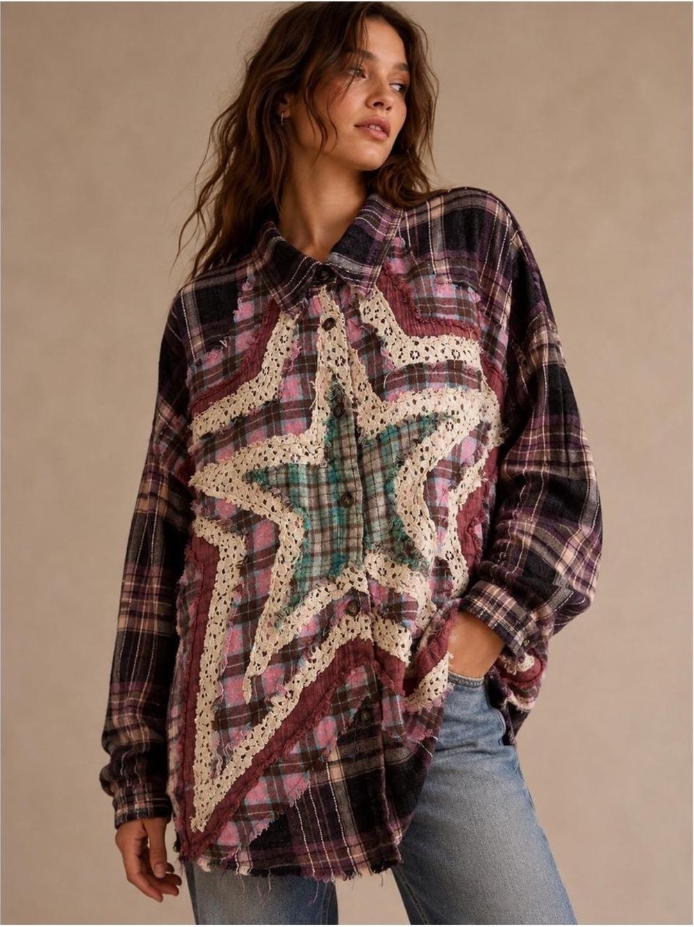 Oli & Hali Pink Multi Plaid Button Down Flannel Patchwork Lace Boho M
